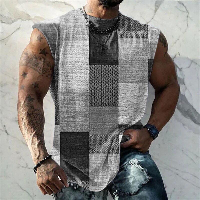 Men's Vest Top Sleeveless  for Men Graphic Color Block Plaid / Check Crew Neck  Print Daily Sports Cap Sleeve Muscle T Shirt