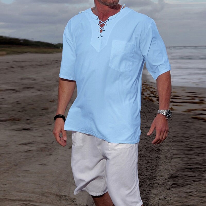 Men's Outdoor Beach Casual Vacation Breathable Quick Dry Lightweight Solid Color V-neck Short Sleeve Henley Shirt