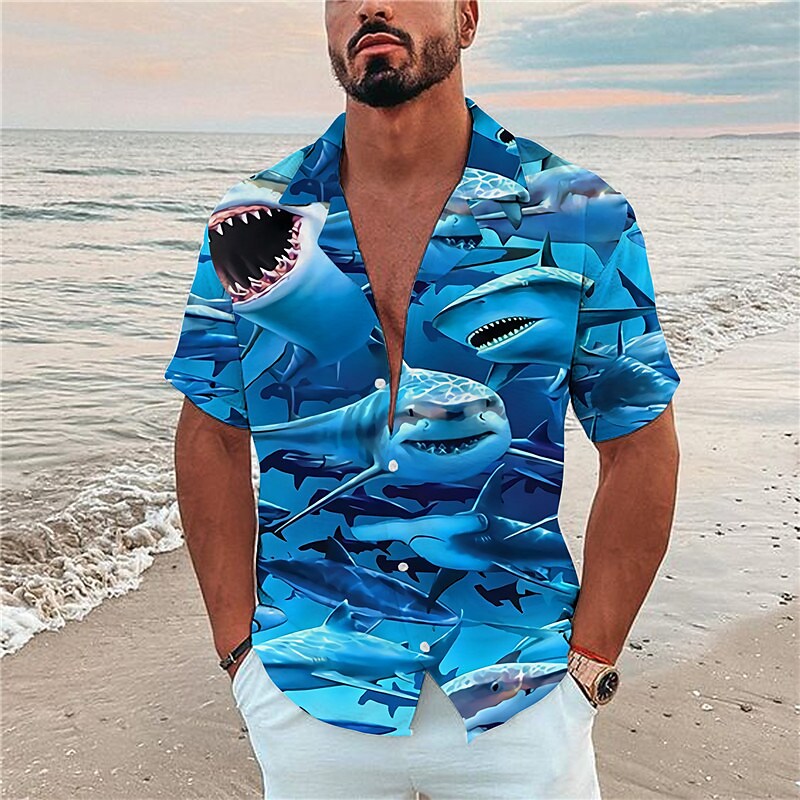 Men's Graphic Animal Shark Turndown 3D Print Outdoor Street Short Slee