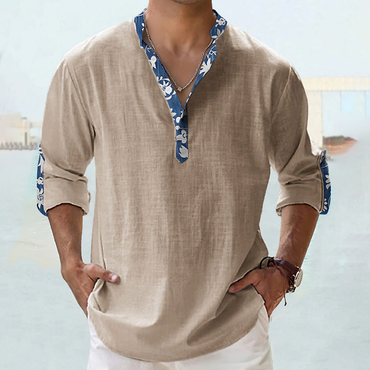 Men's Outdoor Street Fashion Casual Comfortable Breathable Light Floral Print Long Sleeves Shirt