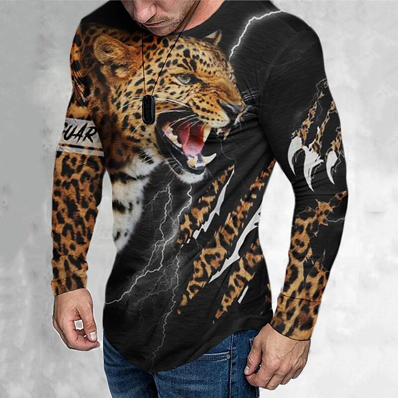 Men's T shirt Graphic Animal Leopard Crew Neck  3D Print Outdoor Casual Long Sleeve Print Vintage Top