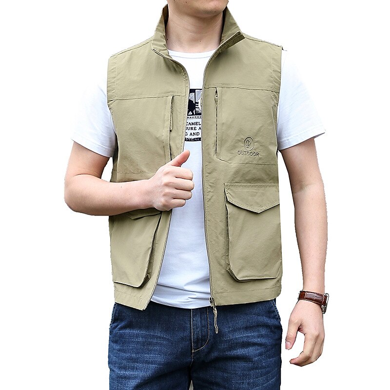 Men's Outdoor Fishing Climbing Casual Breathable Muti-pockets Zipper Light Plain Stand Collar Sleeveless Gilet