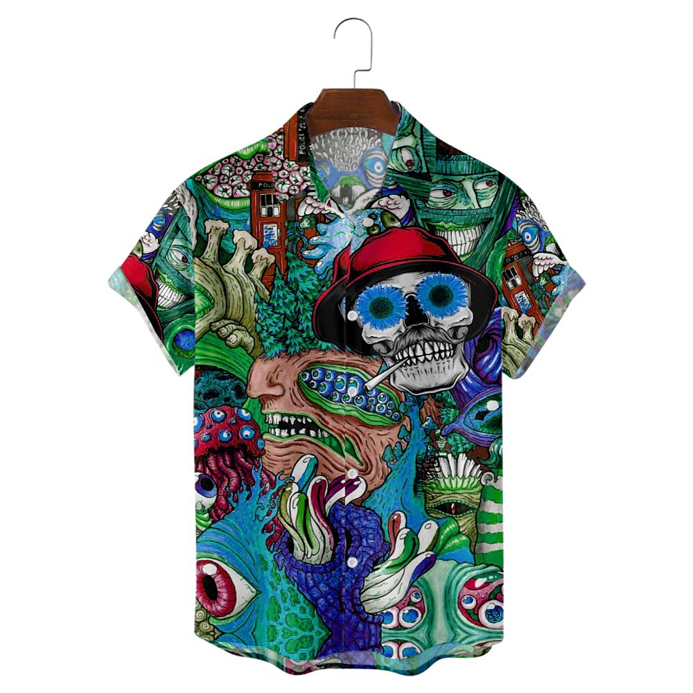 Men's Shirt Skull Print Short Sleeve Casual Tops Loose Beach Blue Desi