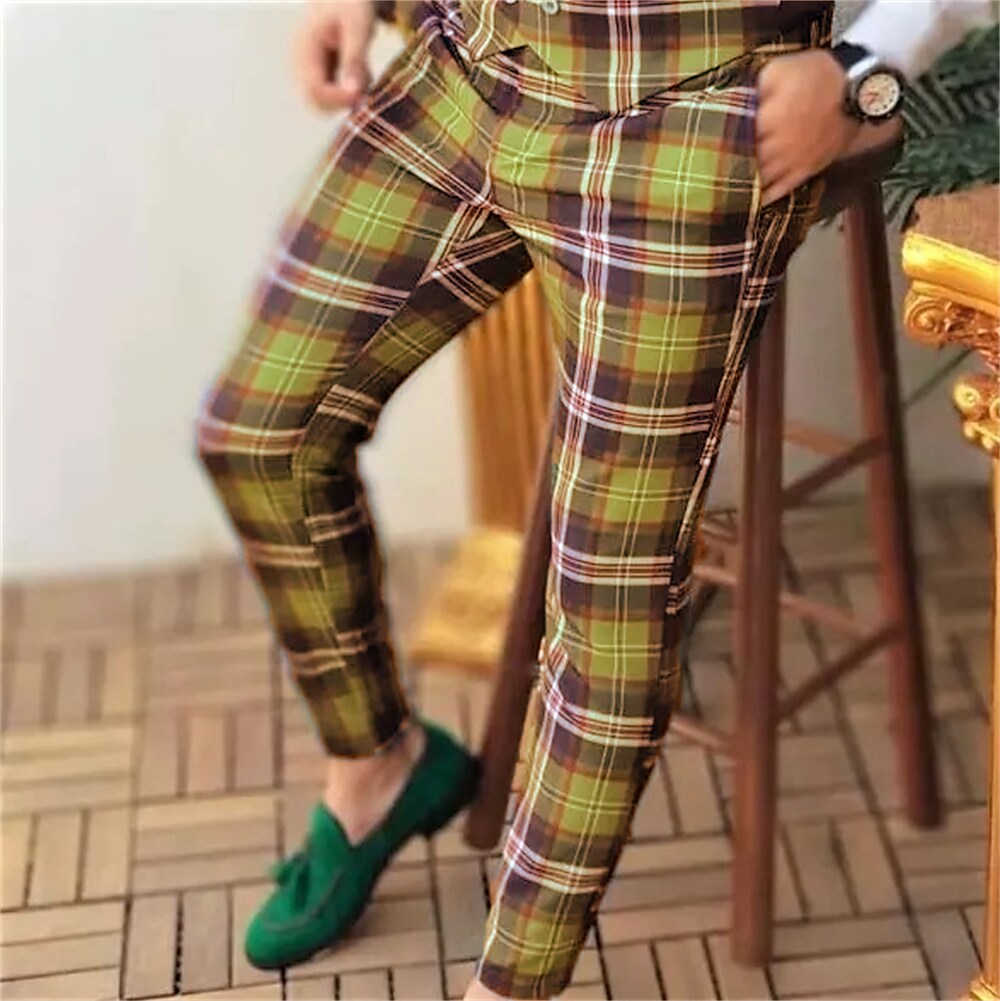 Men's Chinos Trousers Pencil Jogger Pants Plaid Pocket Breathable Outdoor Casual Retro Vintage Formal Micro-elastic
