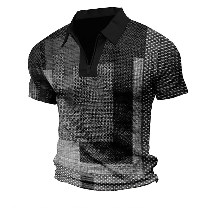 Men's Polo Golf Shirt Zip Plaid Striped Graphic Prints Geometry Turndown Short Sleeves Zipper Print Fashion Casual Top