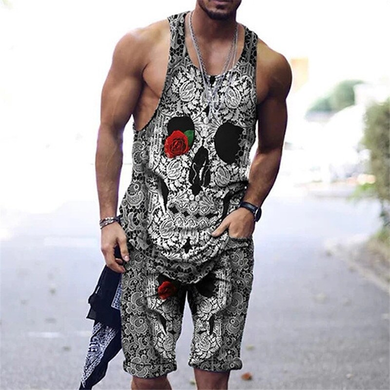 Men's Tank Shorts and T Shirt Set Outfits Graphic Lion Flower / Floral Crew Neck Outdoor Daily Sleeveless 2 Piece Set