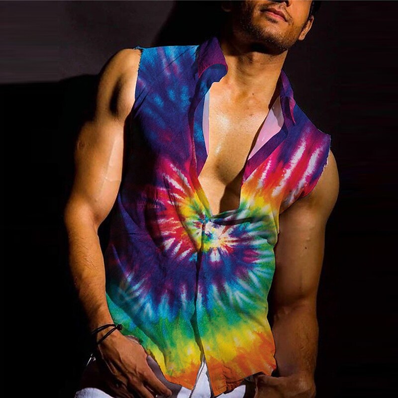 Men's Linen  Shirt Rainbow Graphic Prints Geometry Turndown Outdoor Street Sleeveless  Fashion Streetwear