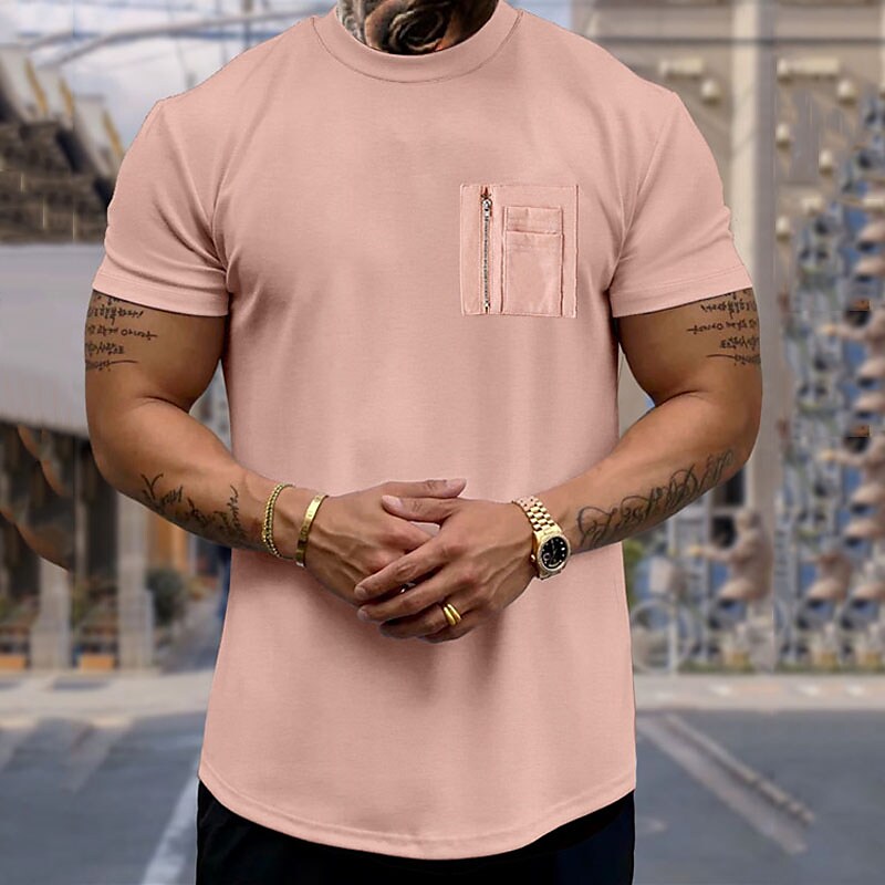 Men's T shirt Plain Crew Neck Street Vacation Short Sleeves Zipper Front Pocket  Fashion  Basic Top