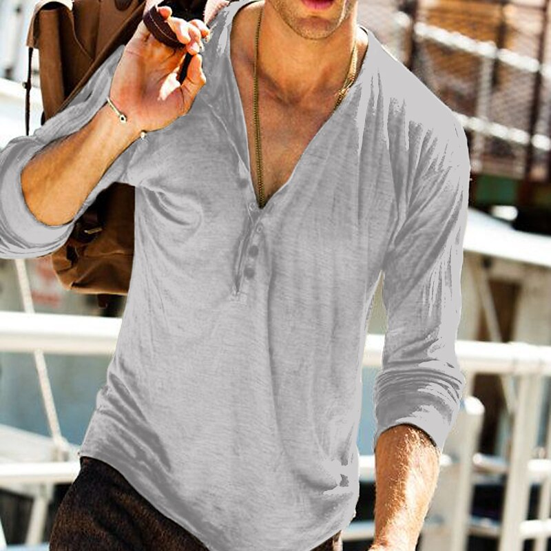 Men's Henley Shirt Cool Shirt Long Sleeve Shirt Plain Print Outdoor Street Long Sleeve Sports Casual Top