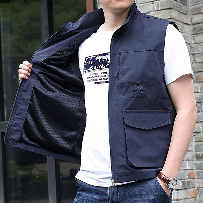 Men's Outdoor Fishing Climbing Casual Breathable Muti-pockets Zipper Light Plain Stand Collar Sleeveless Gilet