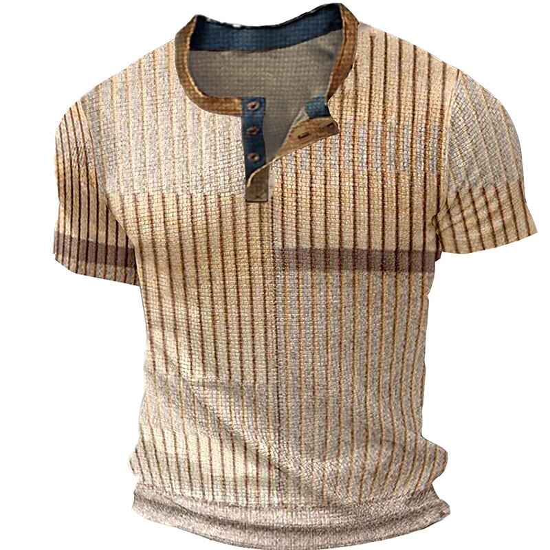 Men's Outdoor Street Fashion Casual Breathable Comfortable Light Stripe Print Waffle Short Sleeve Henley Shirt
