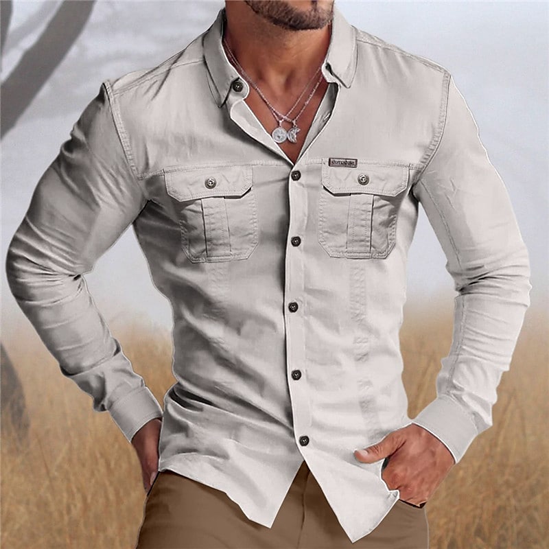 Men's Work Outdoor Button Solid Color Pocket Fashion Comfortable Casual Long Sleeve Shirt