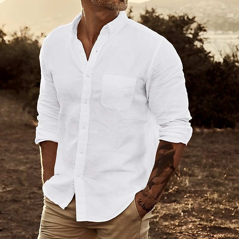 Men's Outdoor Beach Street Casual Comfortable Breathable Pockets Solid Color Lapel Long Sleeve Shirt 