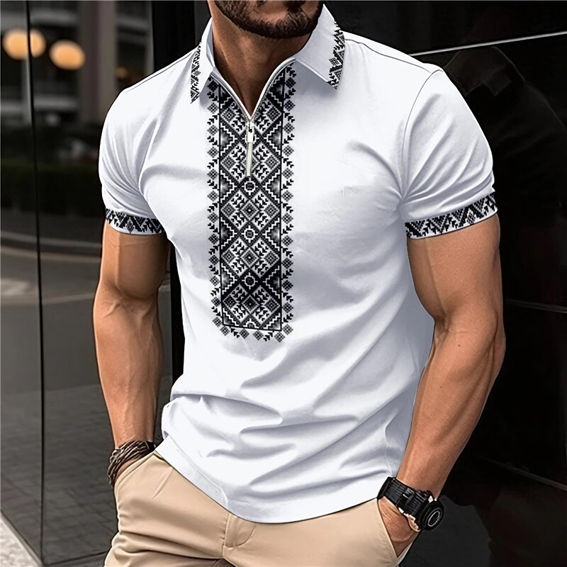Men's Zip Polo Lapel Polo Shirt Golf Shirt Graphic Prints Geometry Turndown Outdoor Street Short Sleeves Zipper Print Top