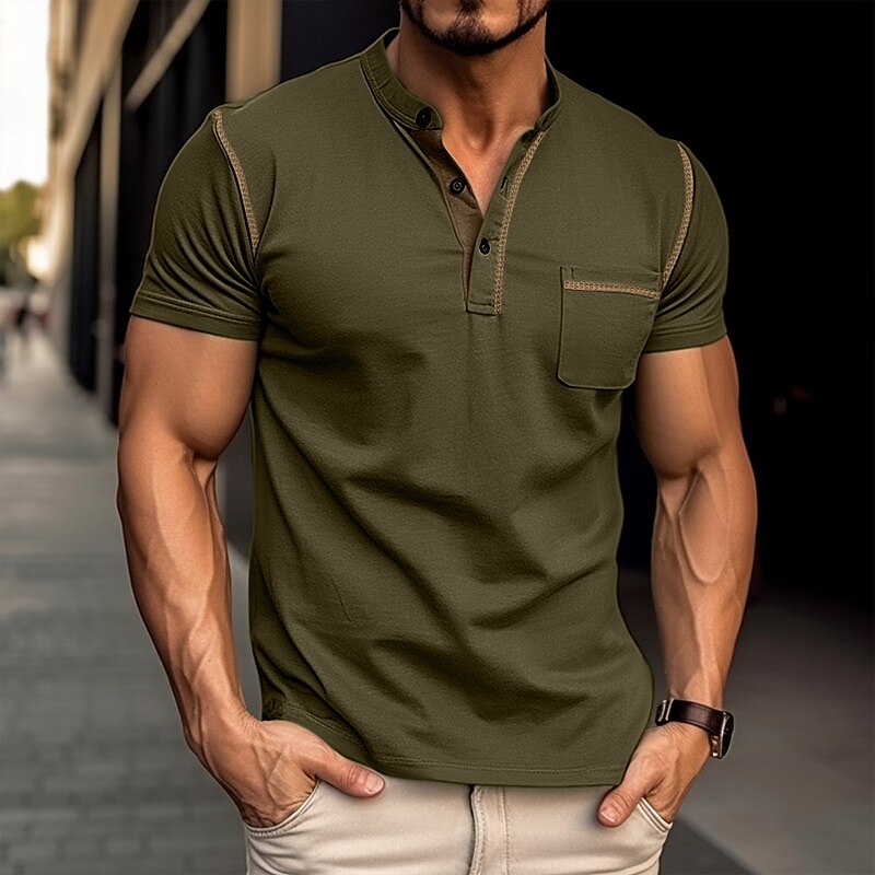 Men's Casual Street Vacation Fashion Breathable Soft Pocket Plain Short Sleeves Henley Shirt