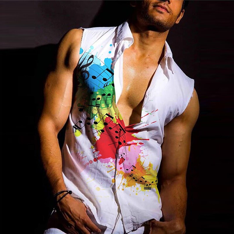 Men's Linen Shirt Rainbow Graphic Prints Notes Turndown White Yellow Outdoor Street Sleeveless Print  Fashion Streetwear  