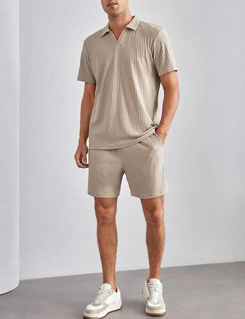 Men's Outdoor Vacation Casual Comfortable Breathable Soft Lapel Plain Polo T-shirt Shorts Suit