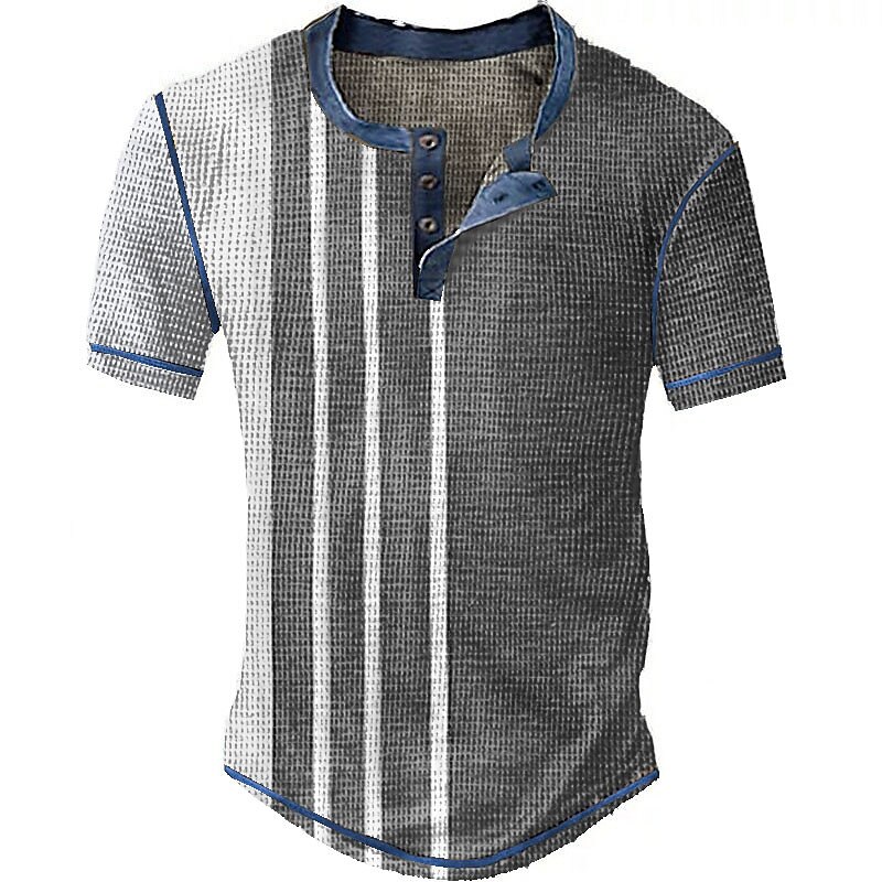 Men's Waffle Casual Outdoor Fashion Comfortable Breathable Striped Print Short Sleeves Henley Shirt