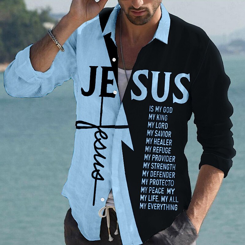 Men's Shirt Linen Shirt Letter Graphic Prints Cross Jesus Turndown  Outdoor Street Long Sleeve Print Linen Fashion Streetwear Casual Top