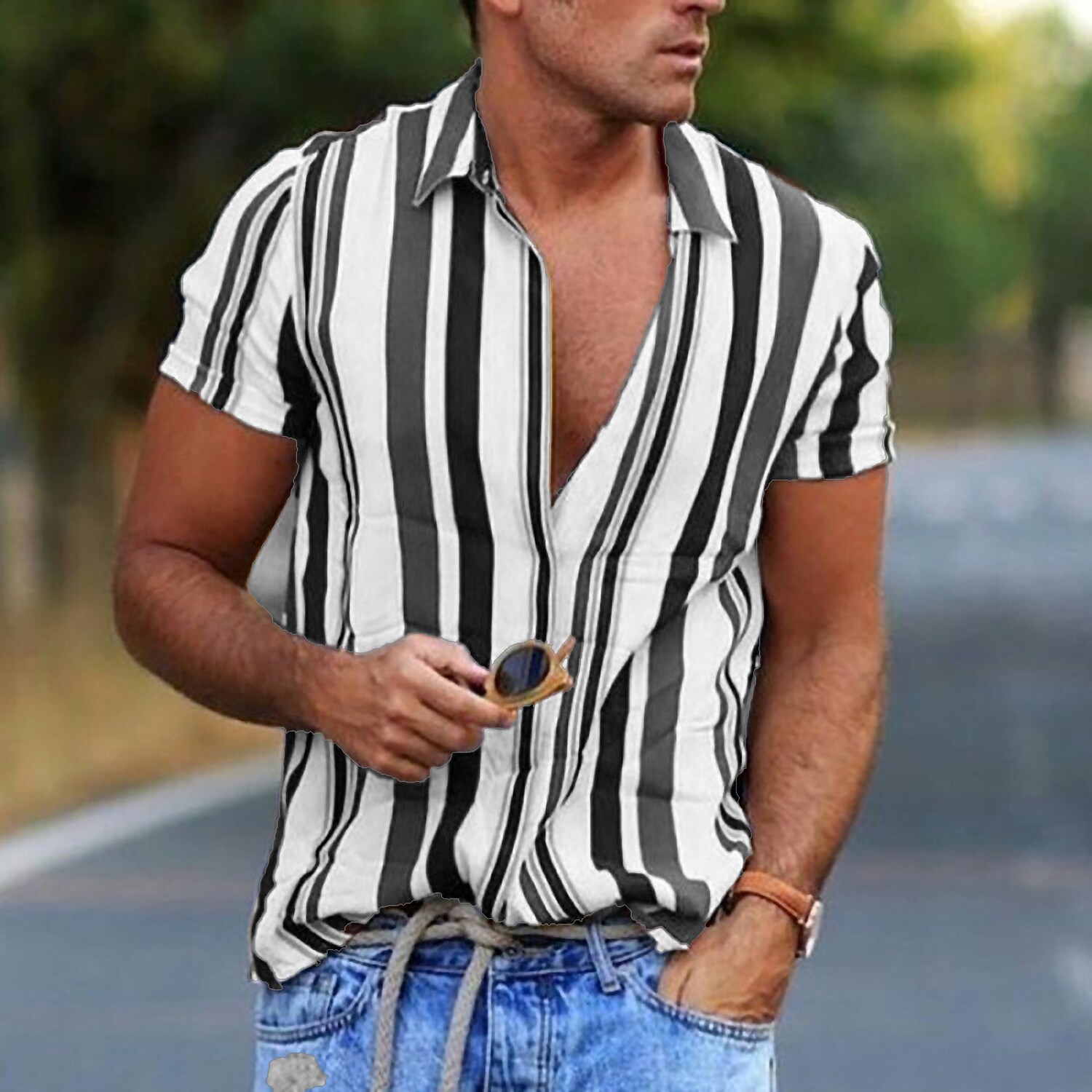 Men's Shirt Striped Collar Daily Button-Down Print Short Sleeve Tops Casual Breathable Comfortable 