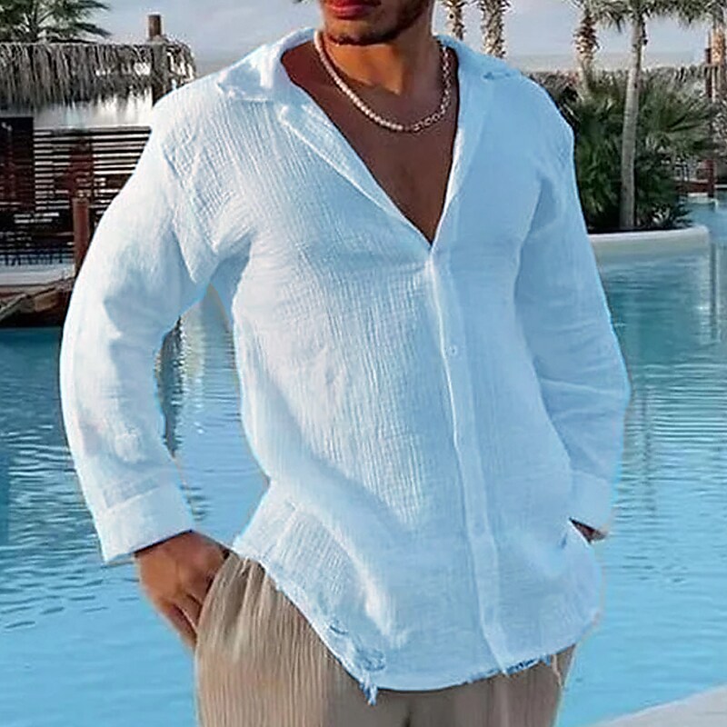 Men's Outdoor Beach Casual Comfortable Breathable Lightweight Solid Color Lapel Long Sleeve Shirt