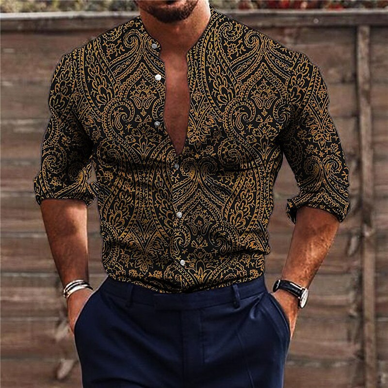 Men's Shirt Floral Stand Collar Print Outdoor Street Long Sleeve Button-Down Print Fashion Retro Vintage Shirt