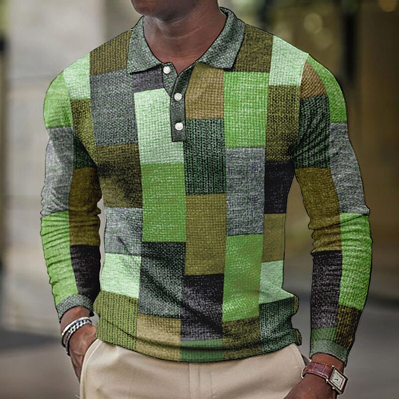 Men's Casual Outdoor Street Fashion Comfortable Soft Plaid Long Sleeves Polo Shirt