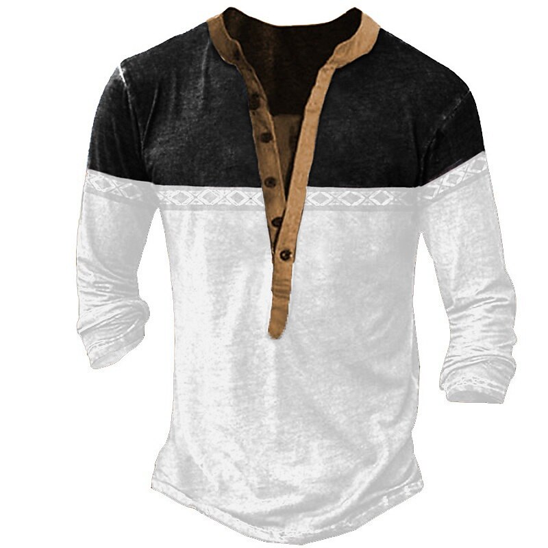 Men's Henley Shirt Color Block Henley Street Vacation Long Sleeve Patchwork Clothing Basic Western Top 
