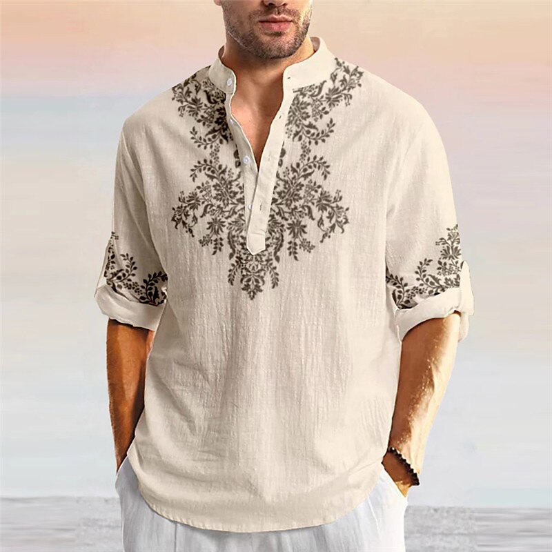 Men's Linen Shirt Floral Graphic Prints Stand Collar Outdoor Street Long Sleeve Print Linen Fashion Casual Shirt 