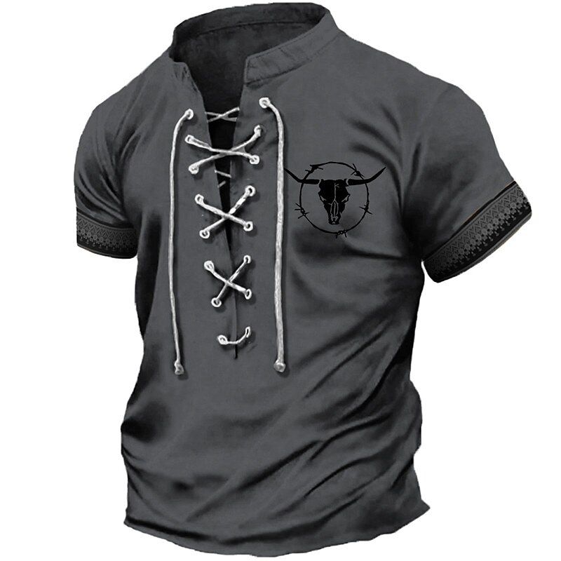 Men's T shirt Tee Henley Shirt Graphic Cow Stand Collar Sports Short Sleeve Lace up Print Designer Vintage Ethnic