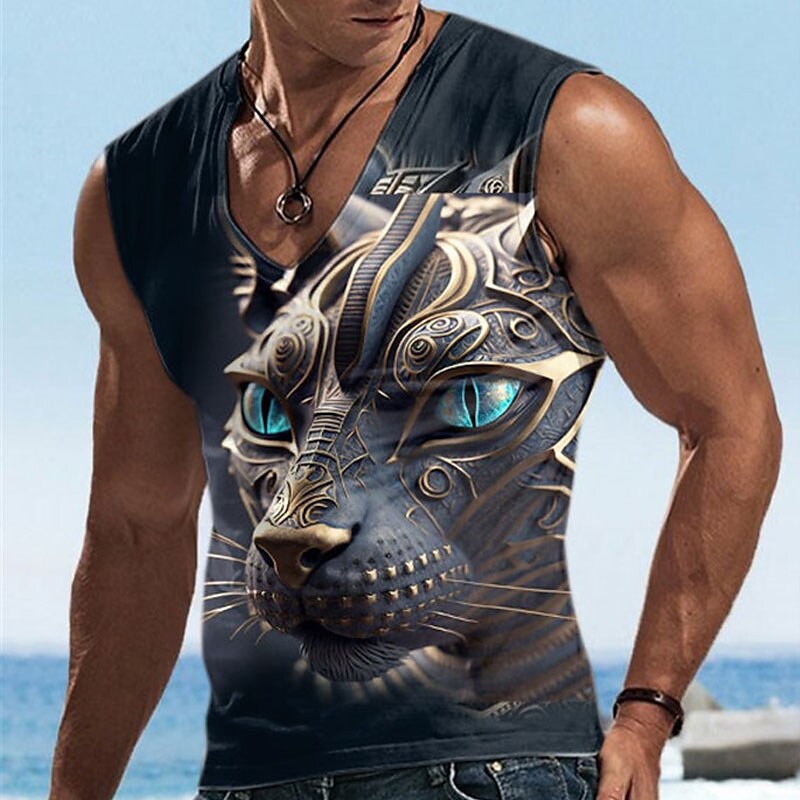 Men's Vest Muscle Sport Sleeveless Animal Print Graphic V-Neck T-Shirt