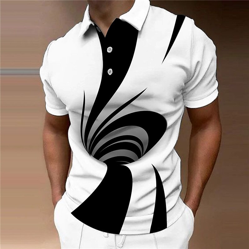 Men's Collar Polo Shirt Golf Shirt Optical Illusion Turndown Black 3D