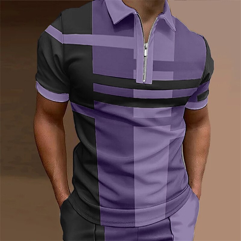  Shirt Lapel Quarter Basic Plaid Quarter Zip Summer Regular Fit Red Blue Purple Brown Green Gray Polo Shirt