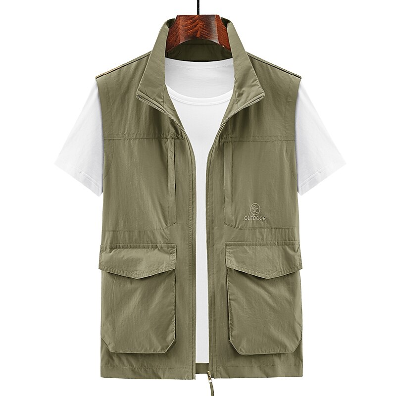 Men's Outdoor Fishing Climbing Casual Breathable Muti-pockets Zipper Light Plain Stand Collar Sleeveless Gilet
