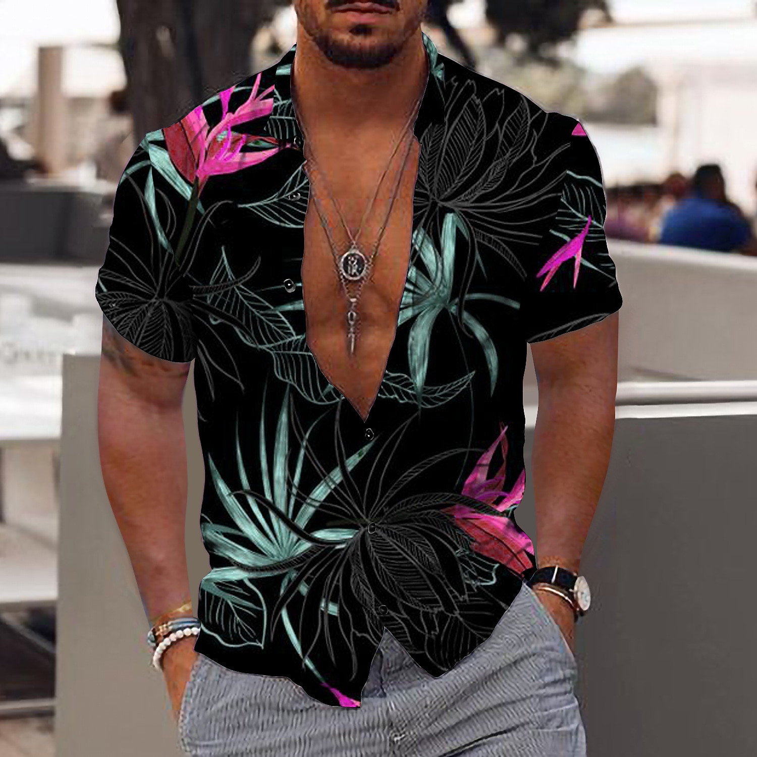 Men's Shirt Graphic Shirt Aloha Shirt Leaves Turndown Black Blue Pink 