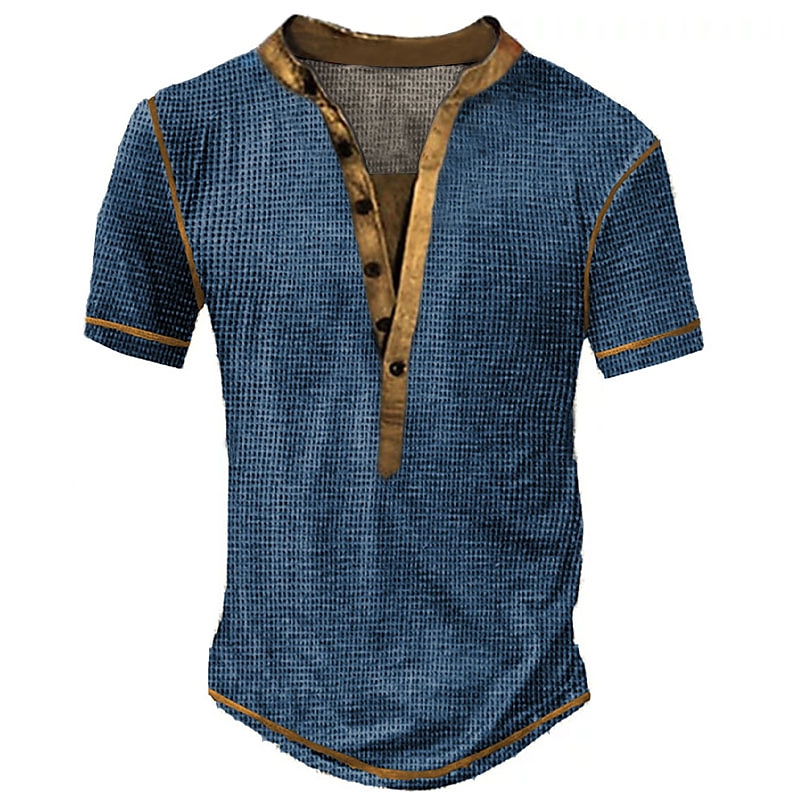Men's Outdoor Street Fashion Casual Breathable Comfortable Button Light Plain Waffle V-neck Short Sleeve Henley Shirt
