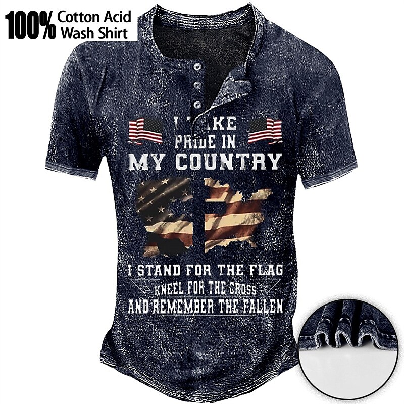 Men's Henley Shirt Graphic Tee 100% Cotton Acid Wash Shirt Graphic Prints National Flag Henley Hot Stamping Street Vacation Short Sleeves Print Top