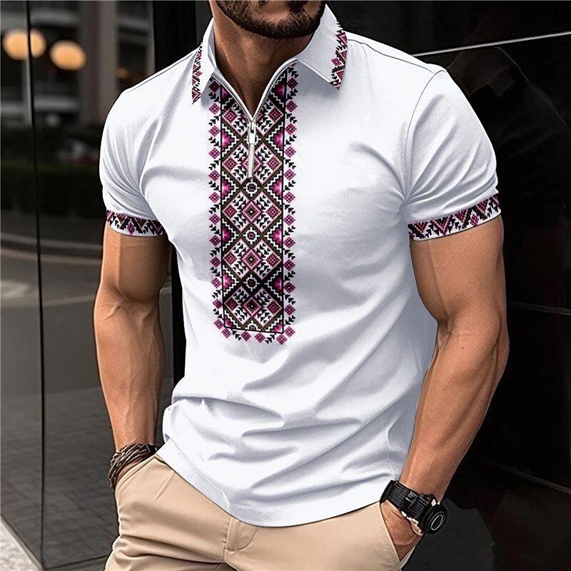 Men's Zip Polo Lapel Polo Shirt Golf Shirt Graphic Prints Geometry Turndown Outdoor Street Short Sleeves Zipper Print Top