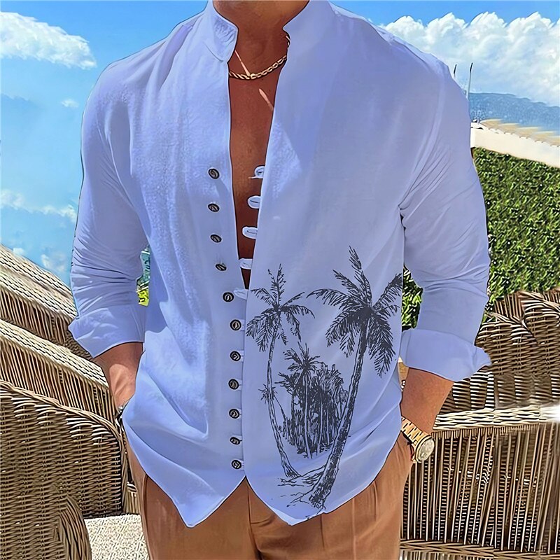 Men's Linen Outdoor Vacation Hawaiian Casual Breathable Comfortable Light Stand Collar Print Long Sleeve Shirt