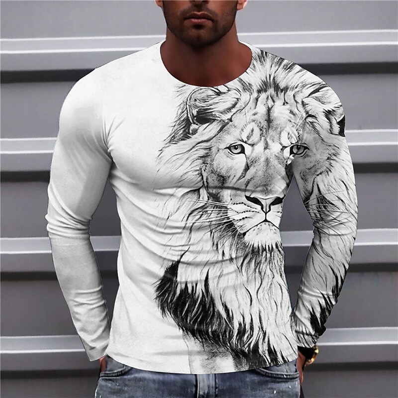 Men's T shirt Graphic Animal Lion Crew Neck Clothing Apparel 3D Print Outdoor Casual Long Sleeve Print Top