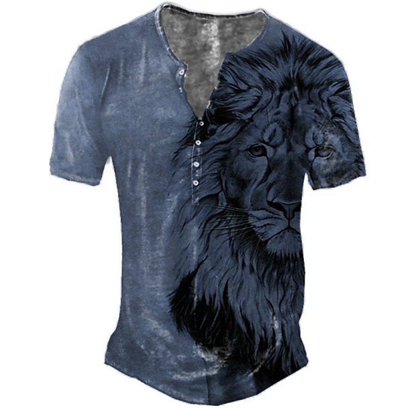 Men's Henley Shirt Graphic Animal Lion Henley 3D Print Outdoor Casual Short Sleeve Button-Down Comfortable Top