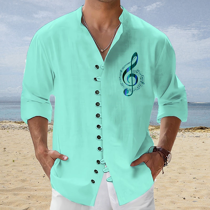 Men's Linen Shirt Graphic Prints Music Notes Stand Collar Outdoor Street Long Sleeve Print Linen Fashion Casual Shirt 