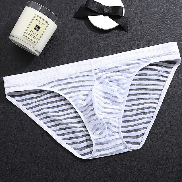 Men's Mesh See-Through Sexy Solid Color Striped Elastic Mid-Waist Underwear