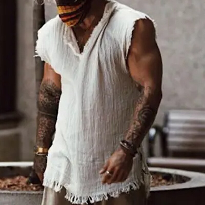 Men's Linen Shirt Summer Shirt Beach Shirt V Neck Summer Sleeveless Plain Holiday Vacation Top