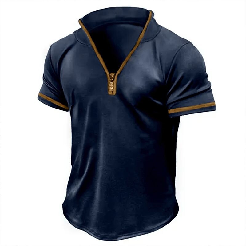 Men's Outdoor Casual Street Vacation Comfortable Breathable Light Plain Zipped Short Sleeve Shirt