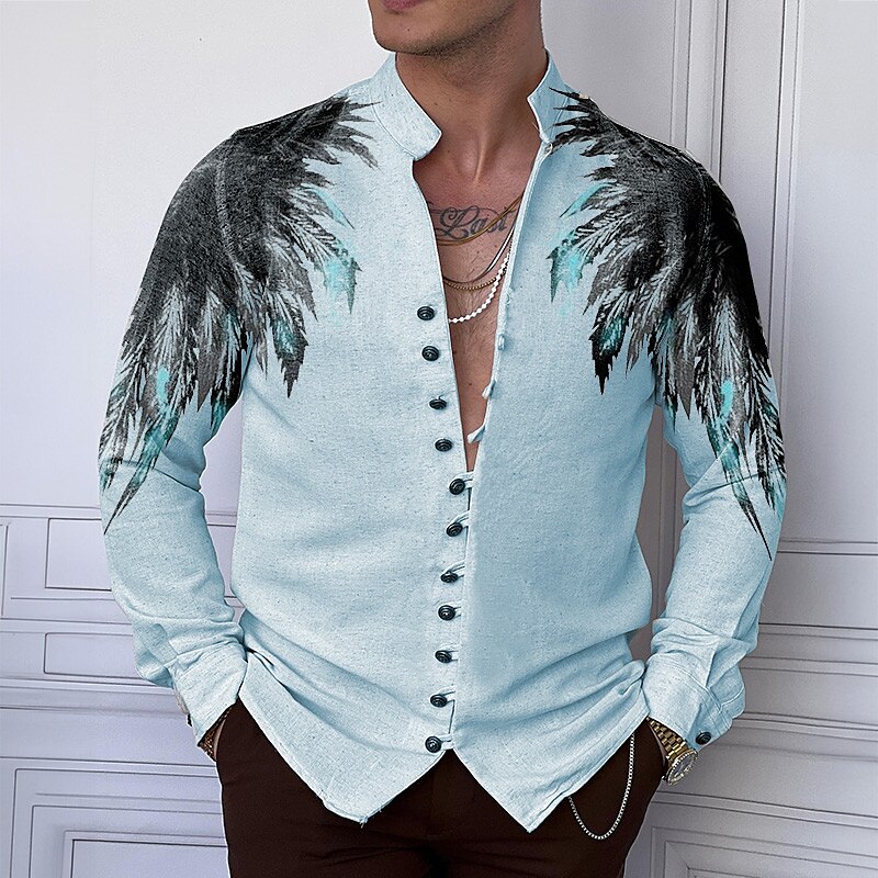 Men's Shirt Linen Shirt Wings Graphic Prints Stand Collar Outdoor Street Long Sleeve Print Linen  Casual Top