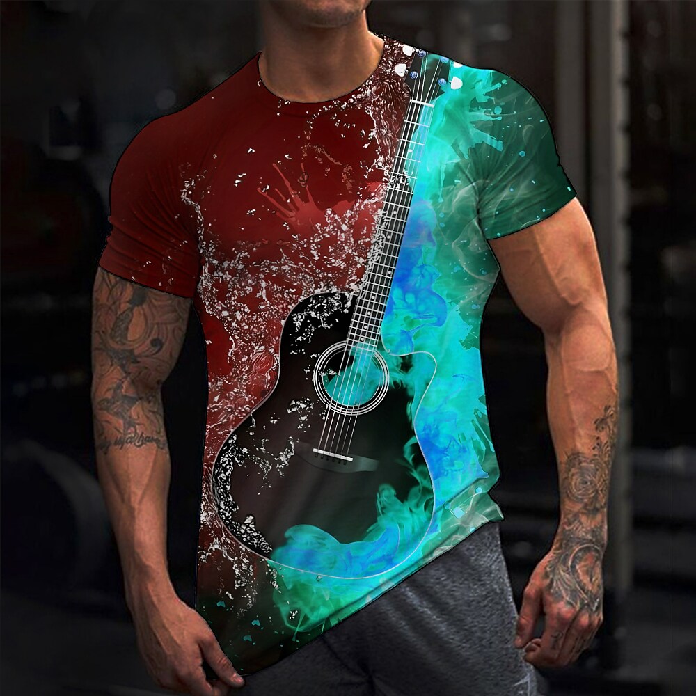 Men's T shirt  Graphic Color Block Guitar Musical Instrument Crew Neck 3D Print Outdoor Casual Short Sleeve Vintage Top