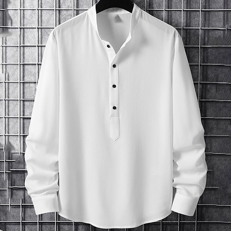 Men's Casual Hawaiian Vacation Street Comfortable Breathable Light Plain Stand Collar Long Sleeve Henley Shirt