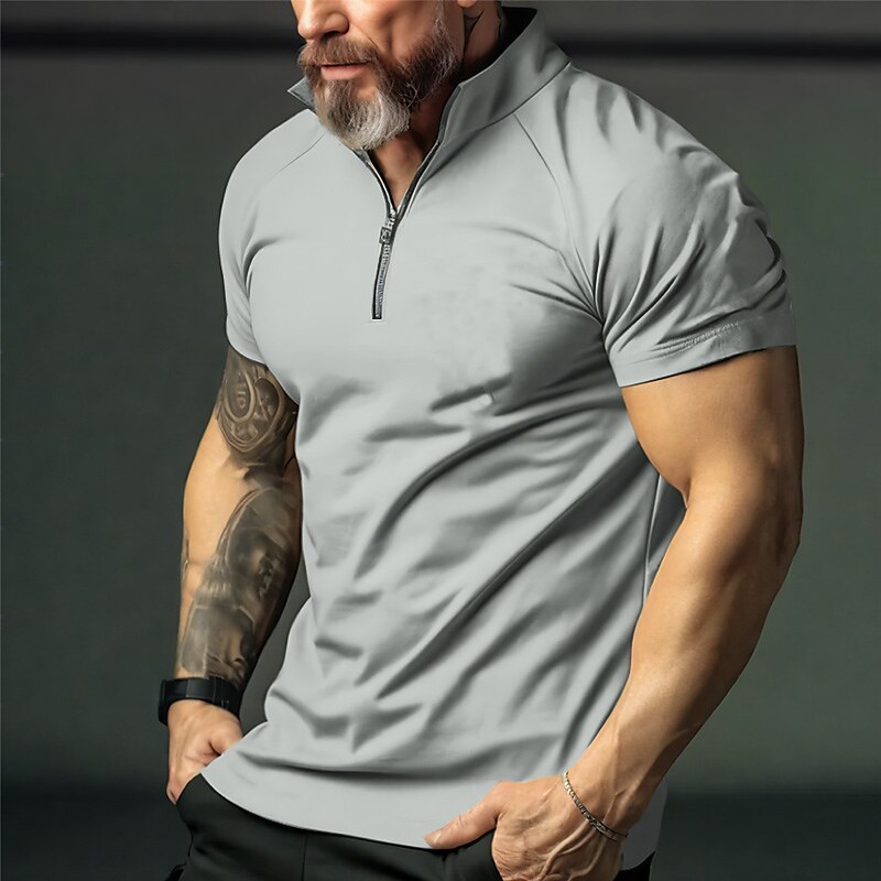 Men's Casual Street Fashion Breathable Light Comfortable Plain Zipped Stand Collar Short Sleeve Polo Shirt