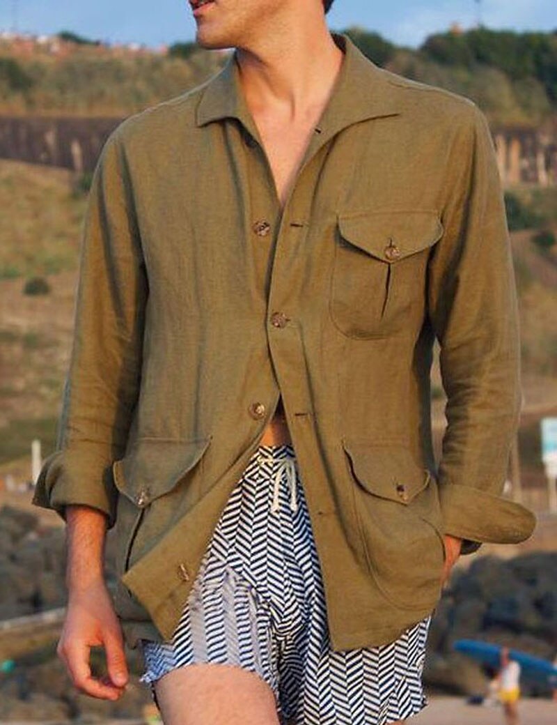 Men's Linen Casual Vacation Beach Comfortable Breathable Light Plain Front Pocket Long Sleeve Shirt